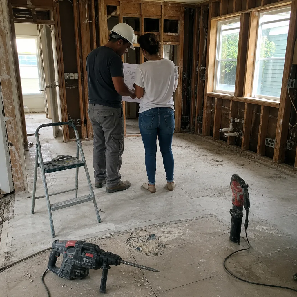 General contractor and client reviewing blueprints in a home renovation project. in Miami, FL