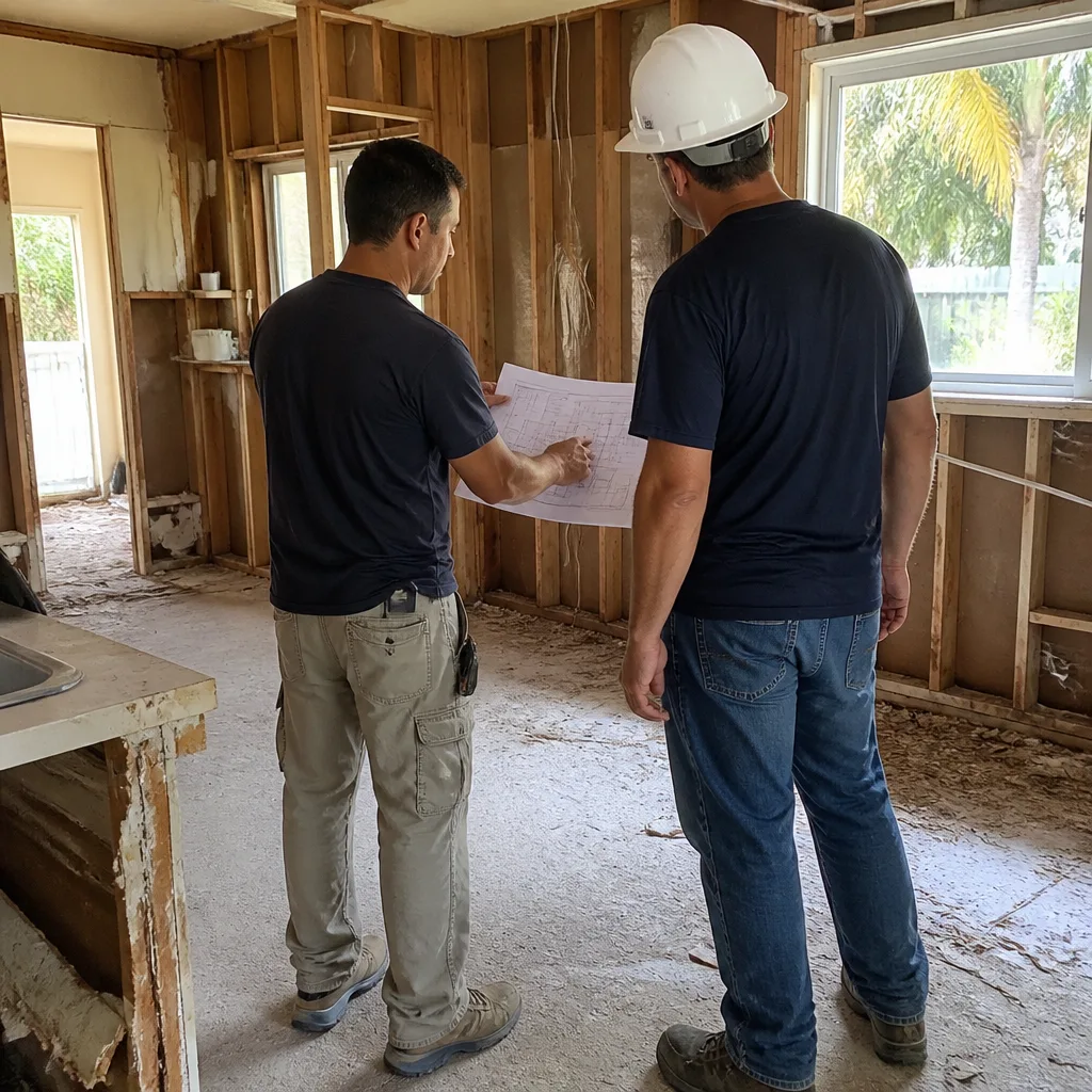 General contractor reviewing renovation blueprints with a colleague on a construction site in Miami, FL