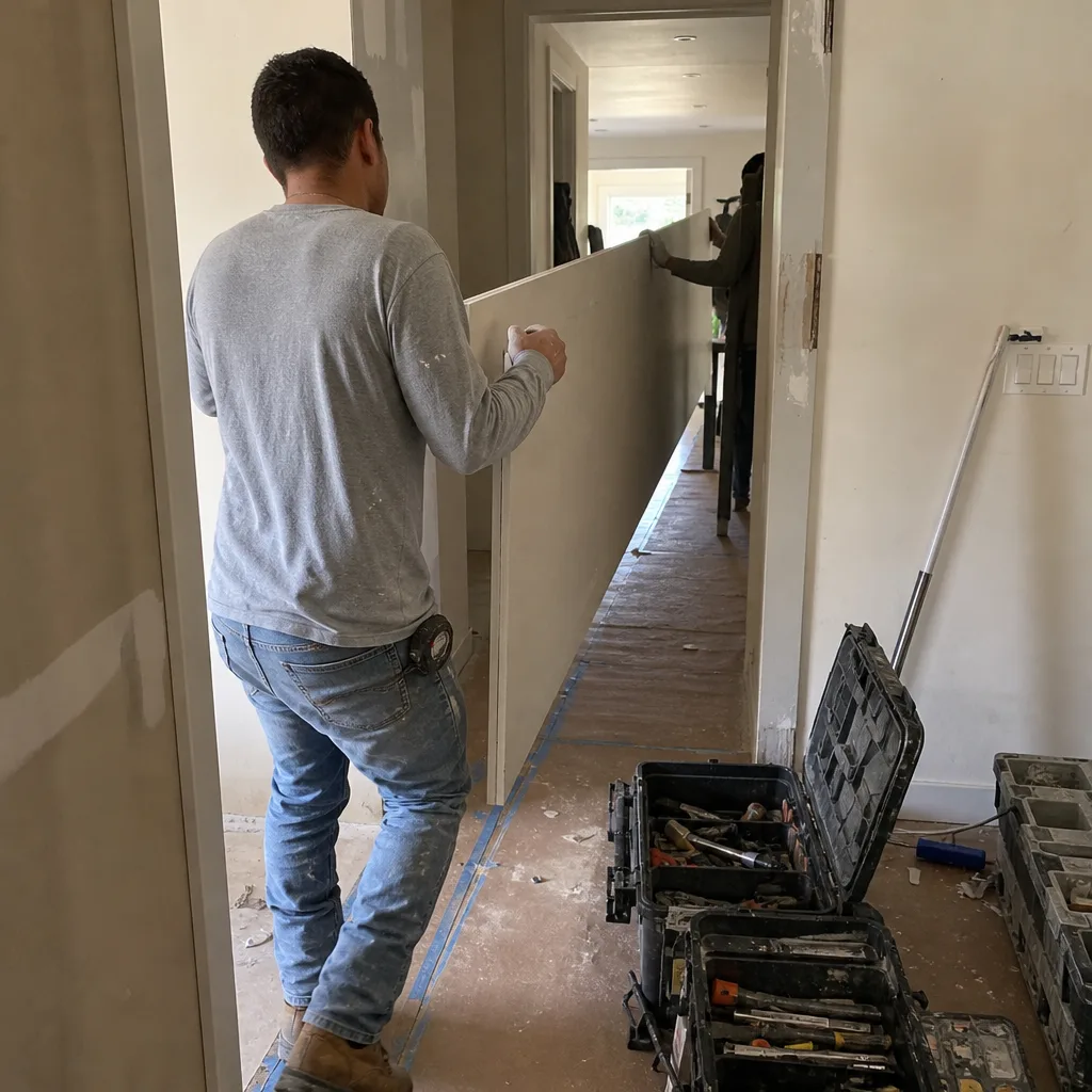 General contractors carrying a large drywall panel during a home renovation.