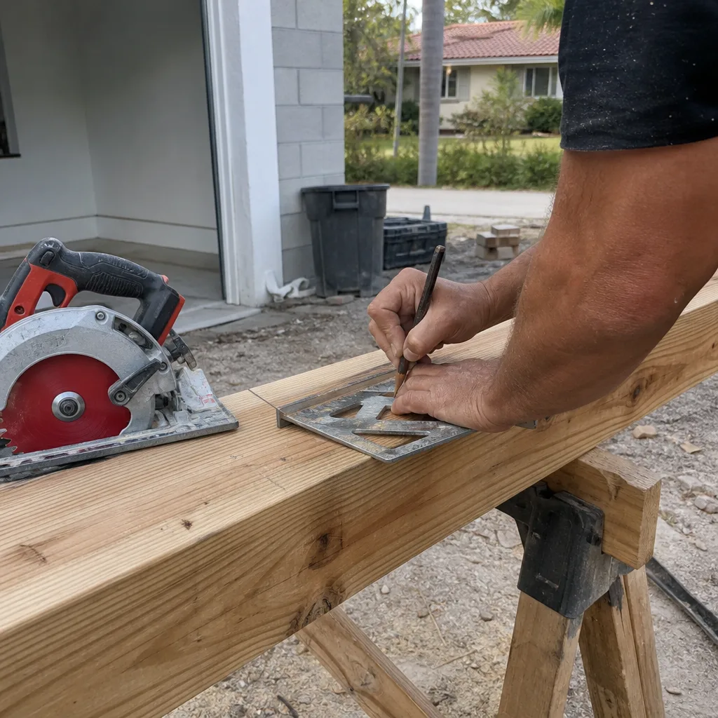 Contractor marking a wooden beam with a square for home renovation