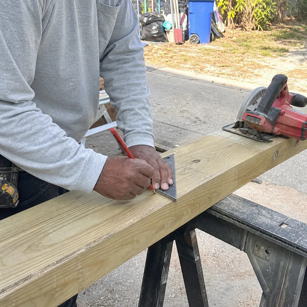 Professional contractor marking a wooden beam with a square for cutting