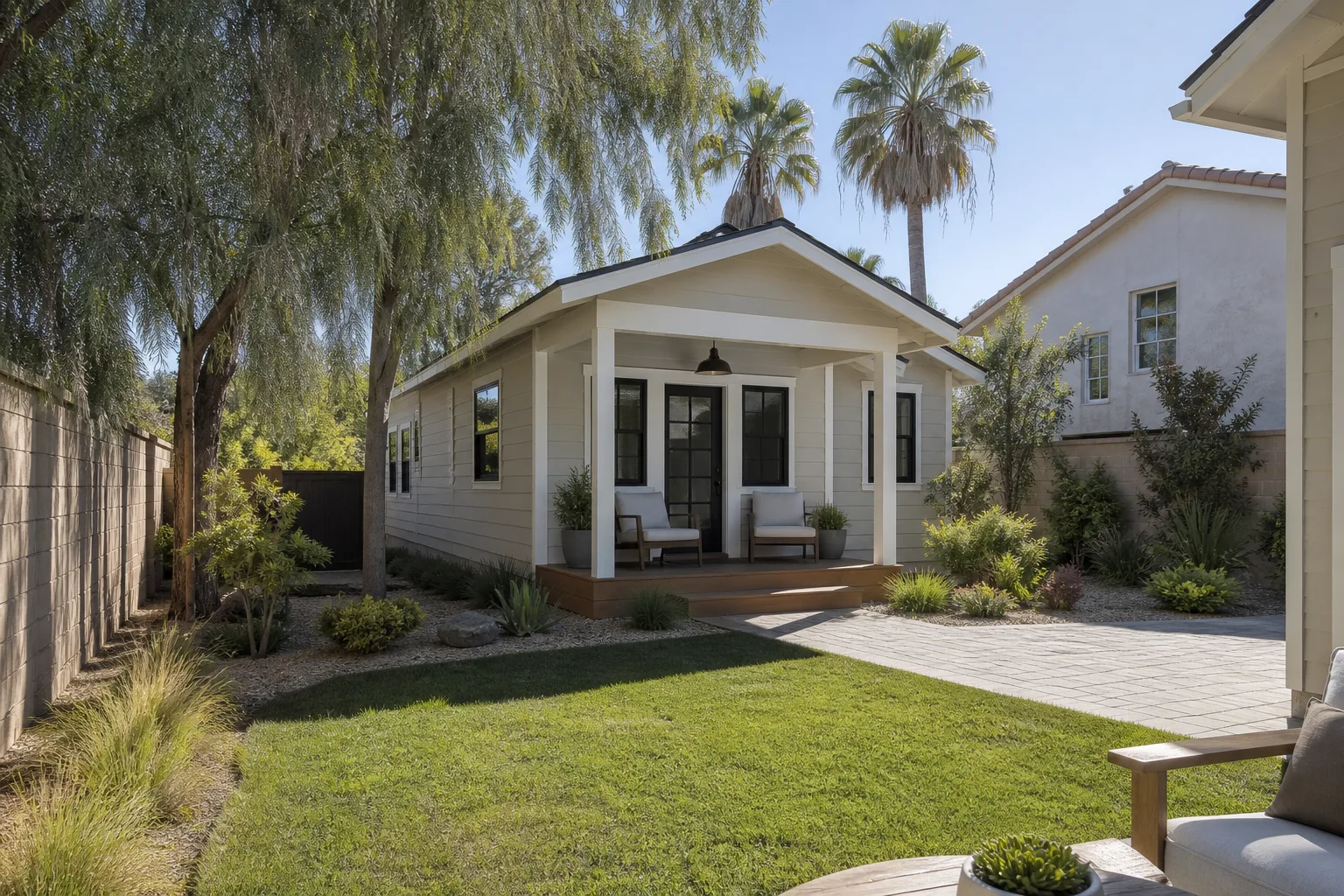 A finished backyard cottage with a small covered porch