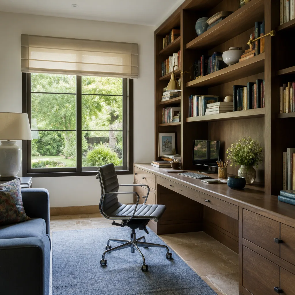 A home office with a built-in desk and shelves